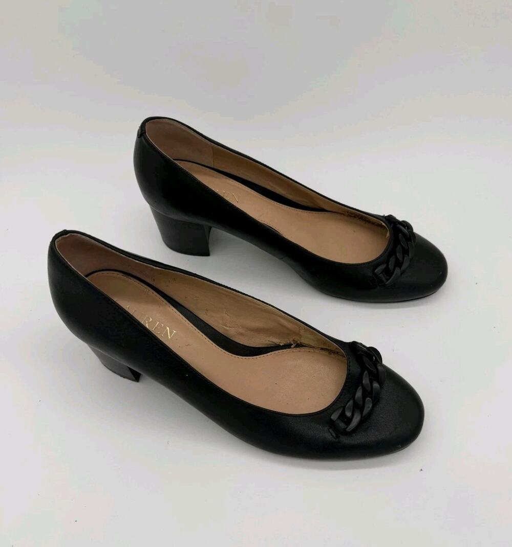 Lauren Ralph Lauren Leather Heels Black Chain Detail Jacksen Size 7.5B Career